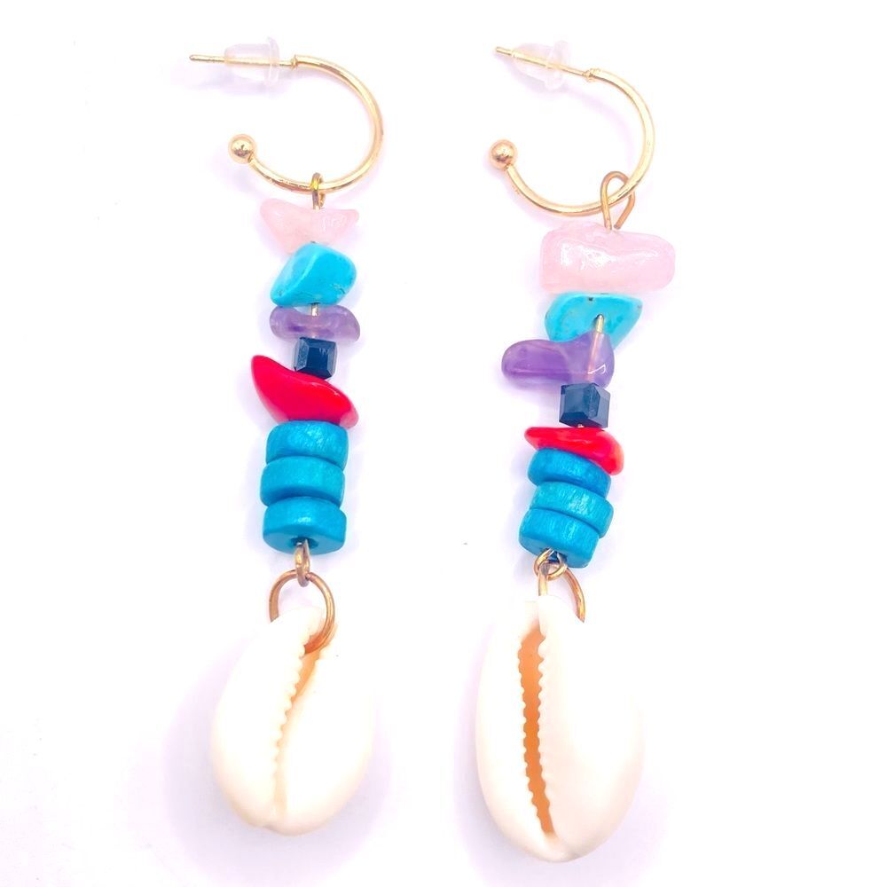 Natural Stone Chip Cowrie Seashell Drop Dangle Earrings